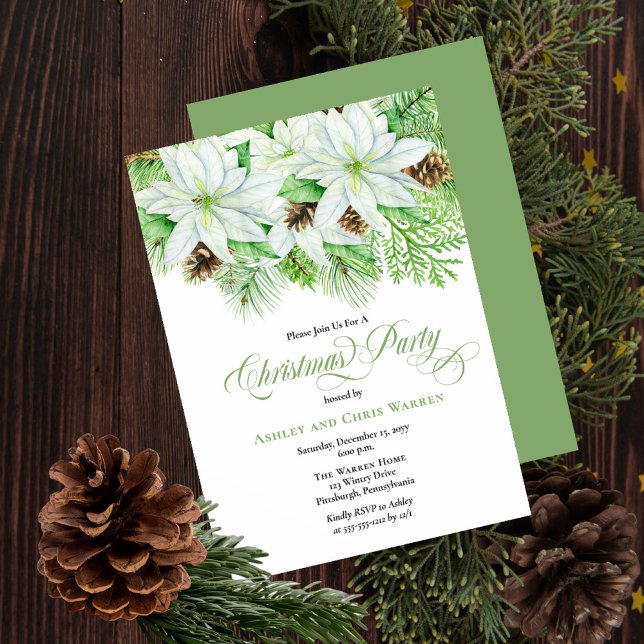 Invitation Poinsettias blanches | Fête de Noël Pinecones Pine (Créateur téléchargé)