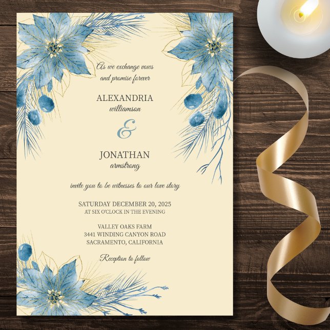 Invitation Poinsettias bleus et or modernes sur mariage or (Créateur téléchargé)