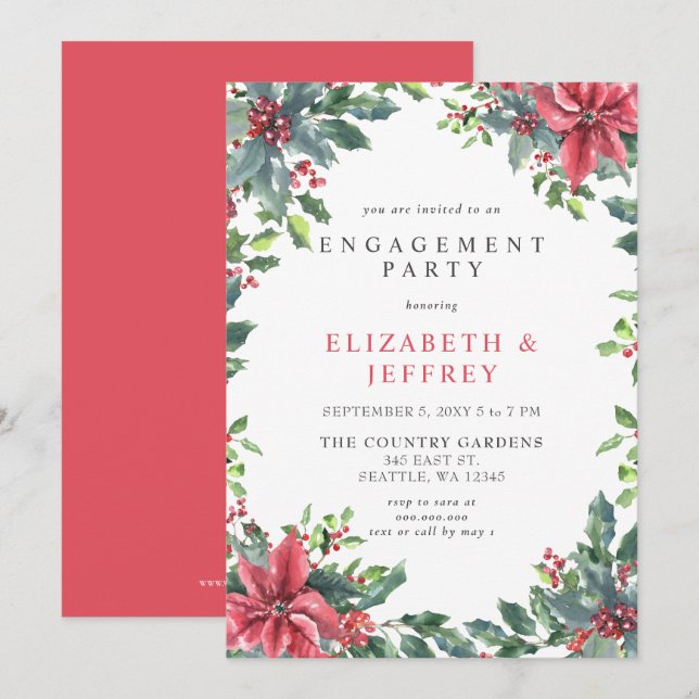 Invitation Poinsettias Holly Noël (Devant / Derrière)