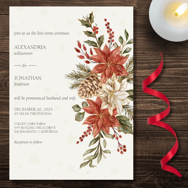 Invitation Poinsettias rouge et ivoire en neige sur Mariage i (Also available with QR code. )