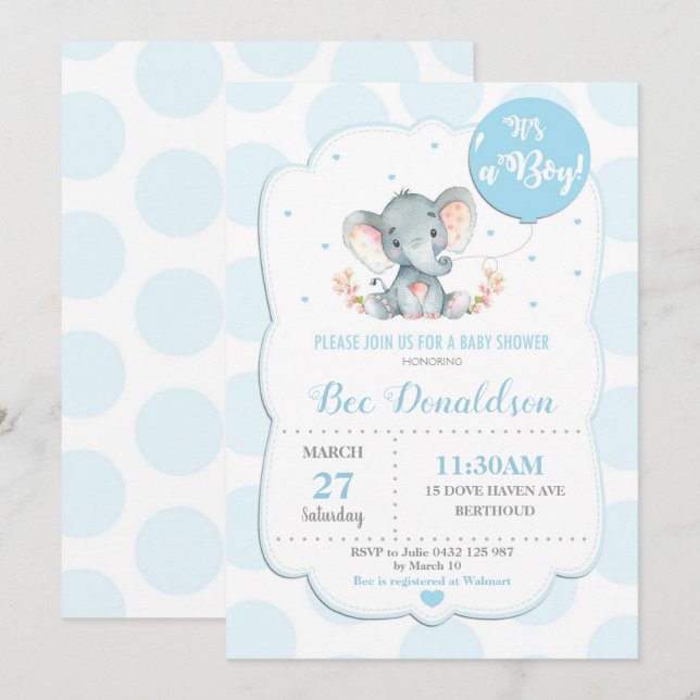 Invitation Point de polka bleu de garçon d'invitation de baby (Devant / Derrière)