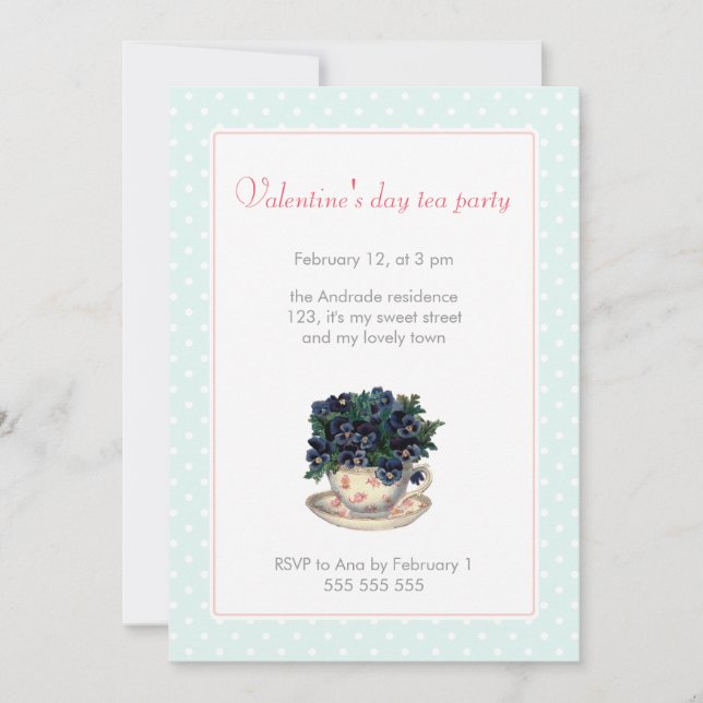 Invitation Point de polka bleu de rose de thé de jour de (Devant)