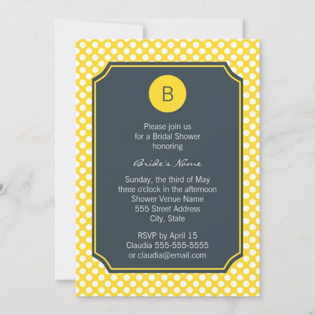 Invitation Point de polka monogramme blanc, jaune et charbon  (Devant)