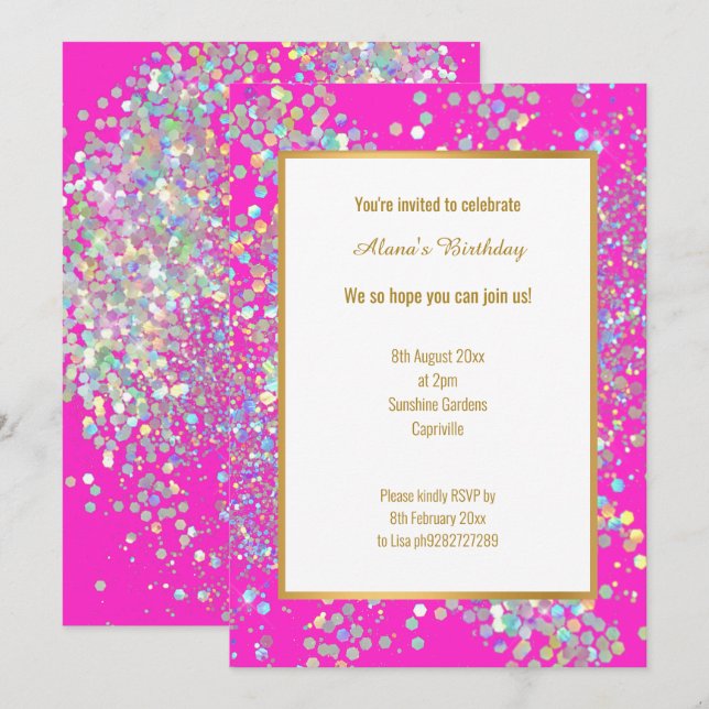 INVITATION POINT HOLOGRAPHIQUE BLANC ROSE CHAUD CLAIR (Devant / Derrière)