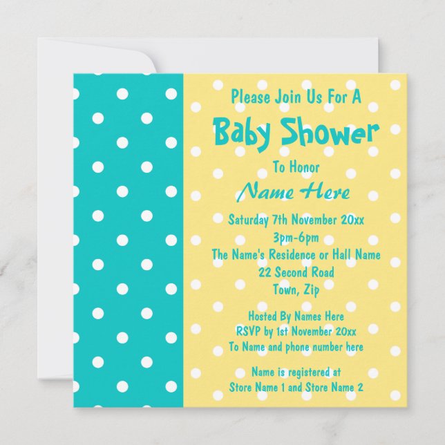 Invitation Point Polka turquoise et jaune, Baby shower person (Devant)