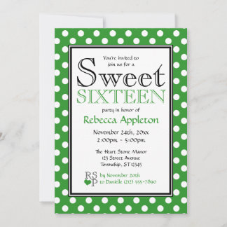Invitation Pointe Polka Green & White Sweet sixteen Invitatio