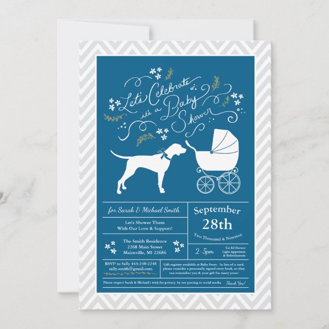 Invitation Pointer Chien Baby shower Garçon bleu (Devant)