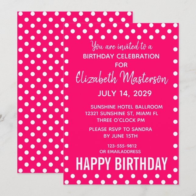 Invitation Points blancs roses chauds Motif Joyeux anniversai (Devant / Derrière)