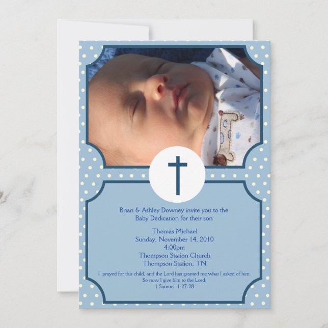 Invitation Points Bleus Baptême Dédication bébé 5x7 photo (Devant)