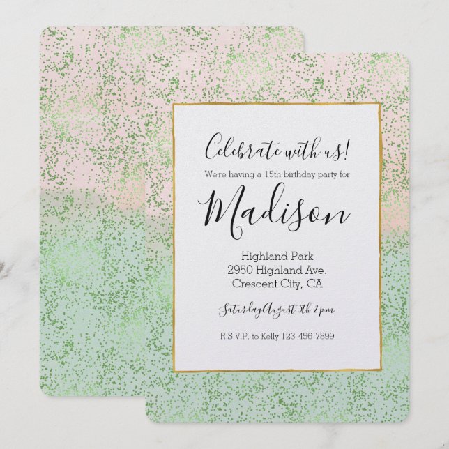Invitation Points Confetti Aquarelle Rose-Mint (Devant / Derrière)