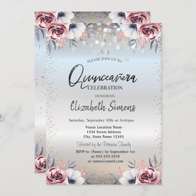 Invitation Points Confetti Argent Quinceañera Floral Argent (Devant / Derrière)