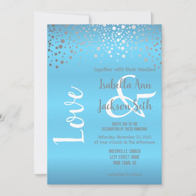 Invitation Points Confetti Bleu Bébé et Argent (Devant)