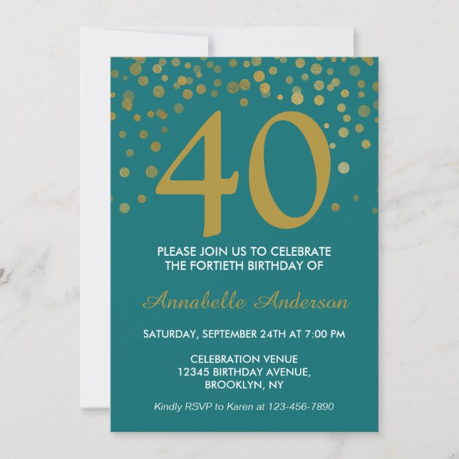 Invitation Points Confetti Confetti Turquoise Aqua Gold 40e a (Devant)