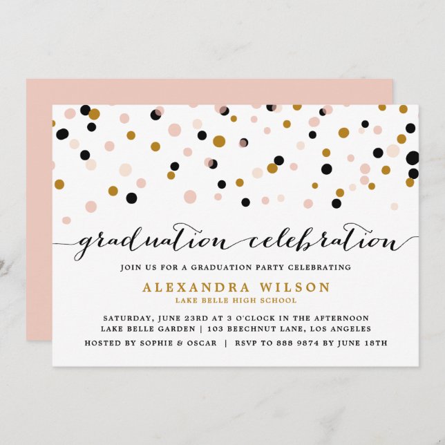 Invitation Points Confetti modernes | Blush et Gold Graduatio (Devant / Derrière)