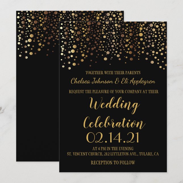 Invitation Points Confetti Noir et Or (Devant / Derrière)