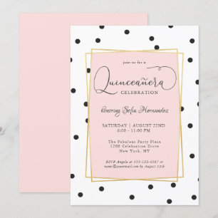 Invitation Points Confetti Noir et Or Rose Quinceanera