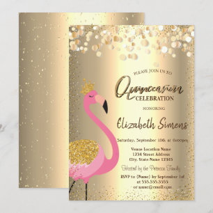 Invitation Points Confetti Or, Flamant rose rose Quinceañera