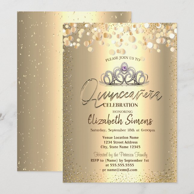 Invitation Points Confetti Or, Tiara Quinceañera (Devant / Derrière)