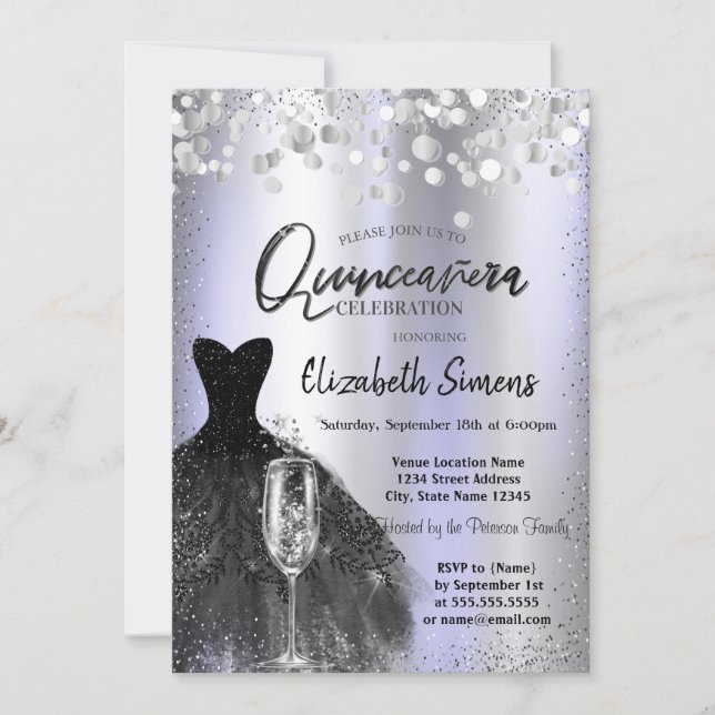 Invitation Points Confetti, Robe Noire Verre Violet Quinceañe (Devant)