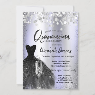 Invitation Points Confetti, Robe Noire Verre Violet Quinceañe