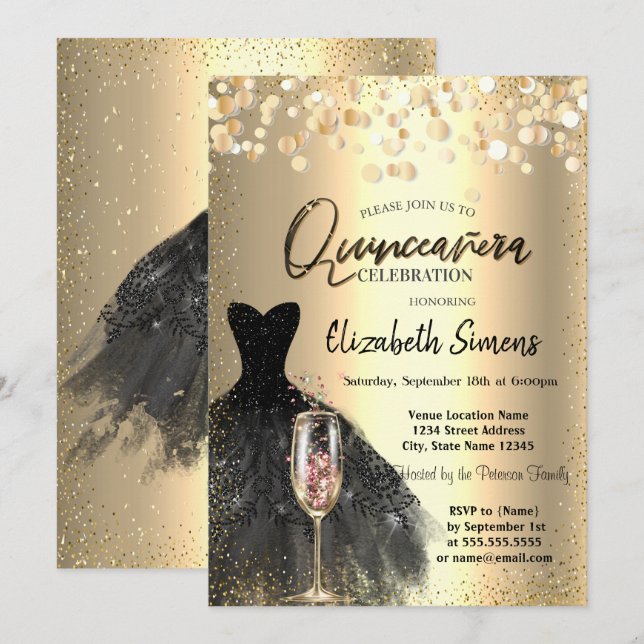 Invitation Points Confetti, Robe Noire Vin Verre Quinceañera (Devant / Derrière)