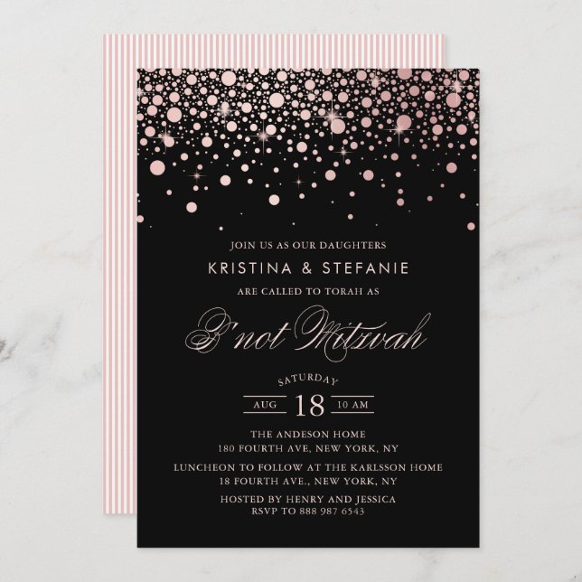 Invitation Points Confetti roses Gold Foil Black B'not Mitzva (Devant / Derrière)