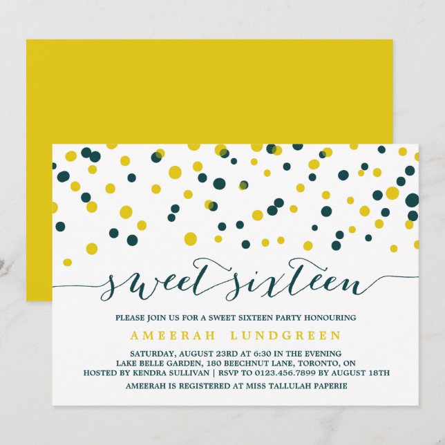 Invitation Points Confetti turquoises et jaunes Sweet sixteen (Devant / Derrière)
