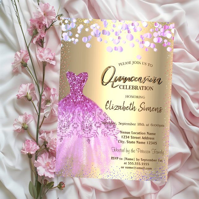 Invitation Points Confetti Violet, Robe Chic Quinceañera (Créateur téléchargé)