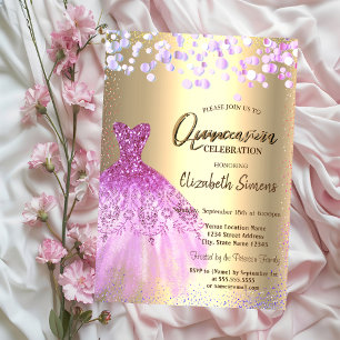 Invitation Points de confettis violets, robe chic Quinceañera