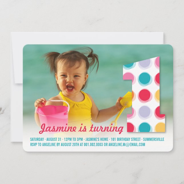 Invitation Points de couleur moderne flou 1er anniversaire Ph (Devant)