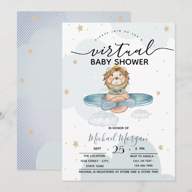 Invitation Points de nuages Lion de l'avion Baby shower virtu (Devant / Derrière)
