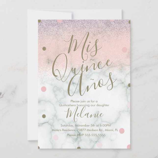 Invitation Points de Parties scintillant Quiñce Faux Marbre R (Devant)