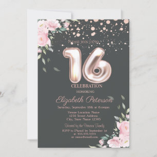 Invitation Points de rose doré élégants, floral 16 ans doux