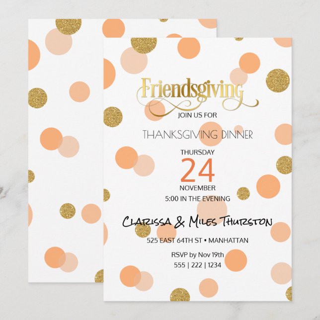 Invitation Points d'orange et d'or de Friendsgiving modernes (Devant / Derrière)