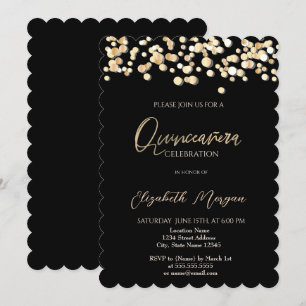 Invitation Points Élégants, Confettis Quinceañera Noir