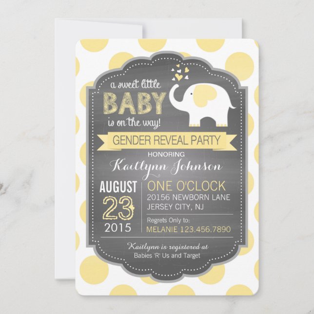 Invitation Points Eléphants blancs Baby shower de révélation  (Devant)