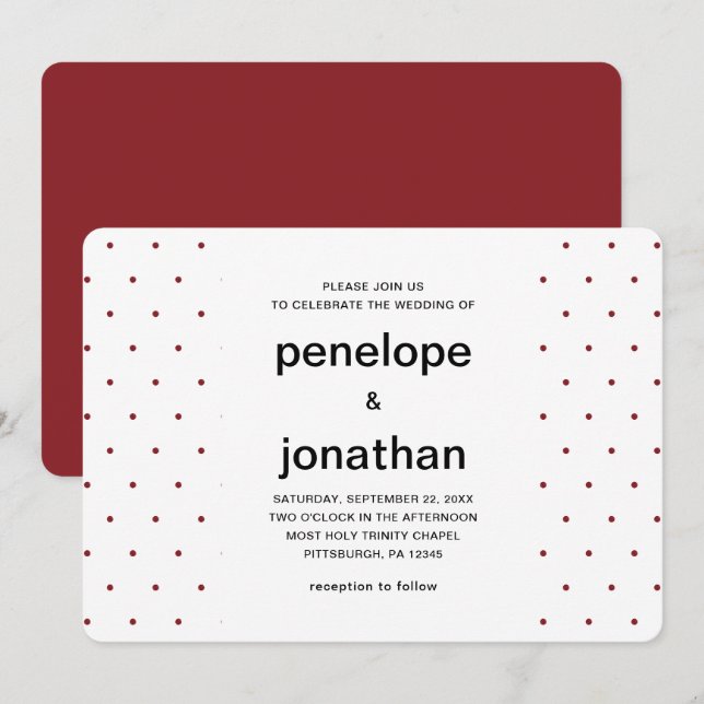 Invitation Points Mariages intemporels rouges et blancs (Devant / Derrière)