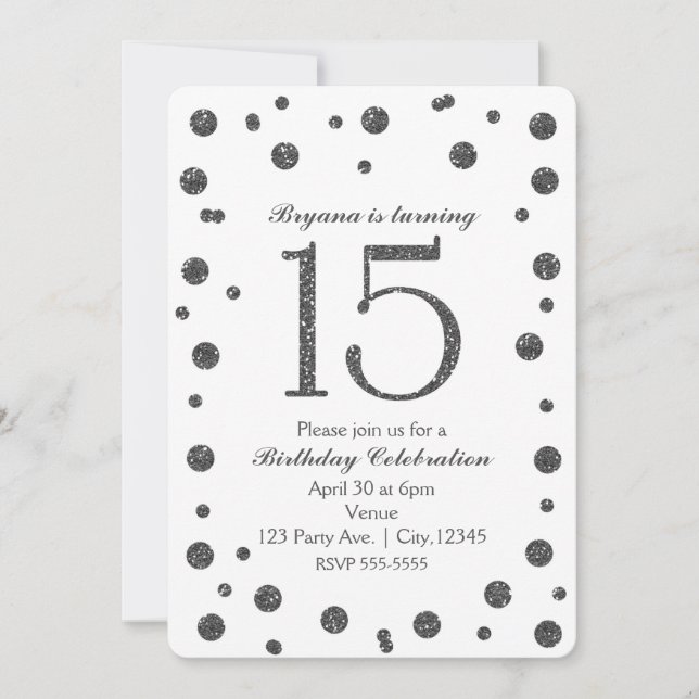 Invitation Points Parties scintillant argent doux 15 fête d'a (Devant)