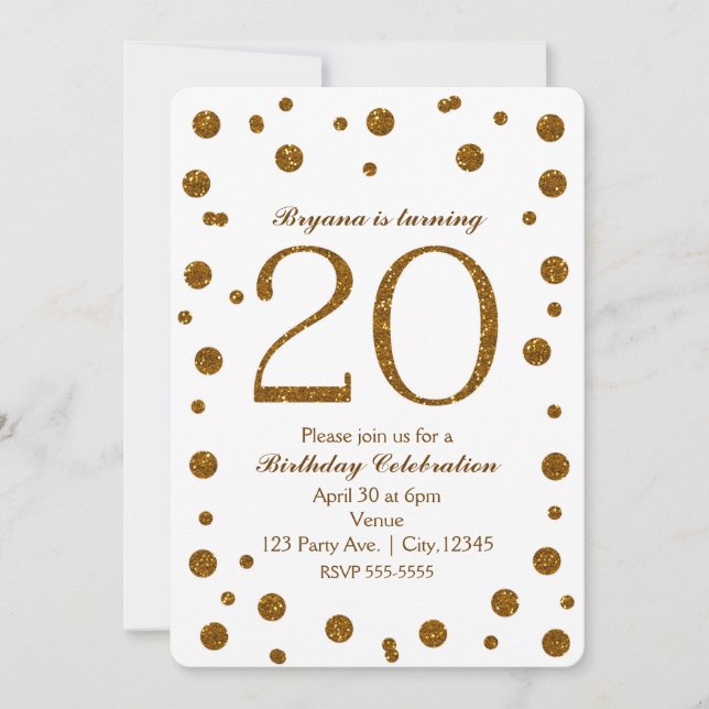 Invitation Points Parties scintillant blanc et or 20e fête d' (Devant)