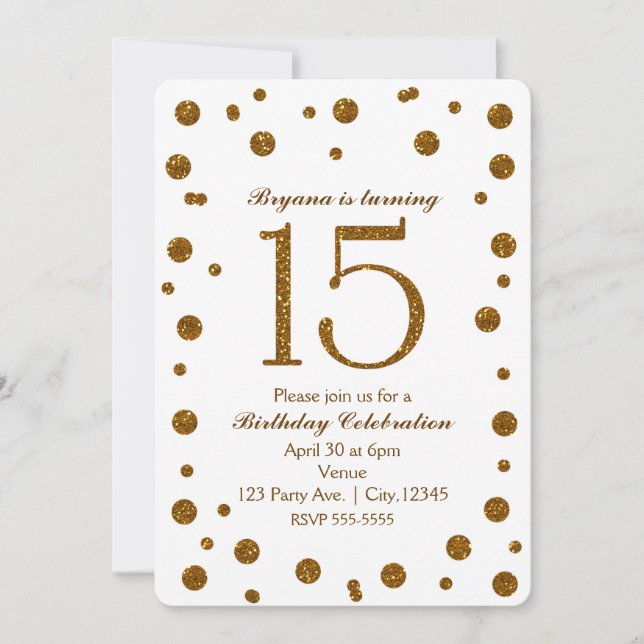 Invitation Points Parties scintillant blanc et or doux 15 Ann (Devant)