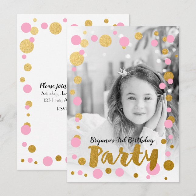 Invitation Points rose et or Anniversaire Fête Photo Invitati (Devant / Derrière)