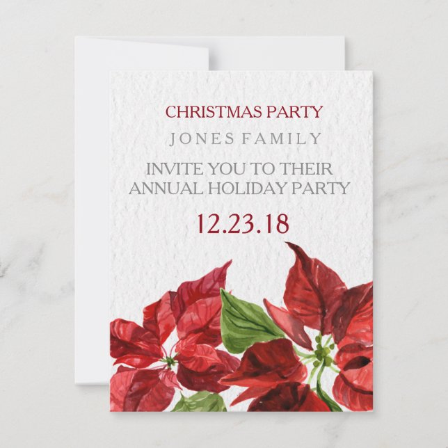 Invitation pointsetter rouge d'aquarelle pour la fête de Noël (Devant)