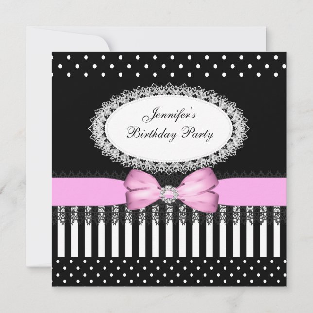 Invitation Pois blancs noirs de la partie rose Bow (Devant)
