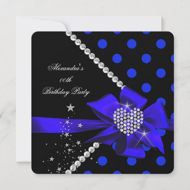 Invitation Pois Blue Heart Jewel Gems Black Birthday (Devant)