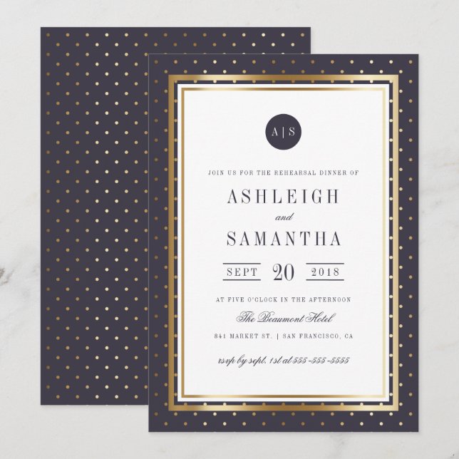 Invitation Pois Chic Gold & Dîner de répétition violet (Devant / Derrière)