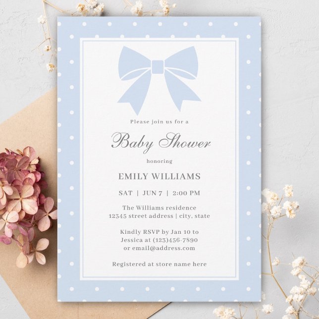 Invitation Pois classique Baby Blue Bow Baby shower garçon (Créateur téléchargé)