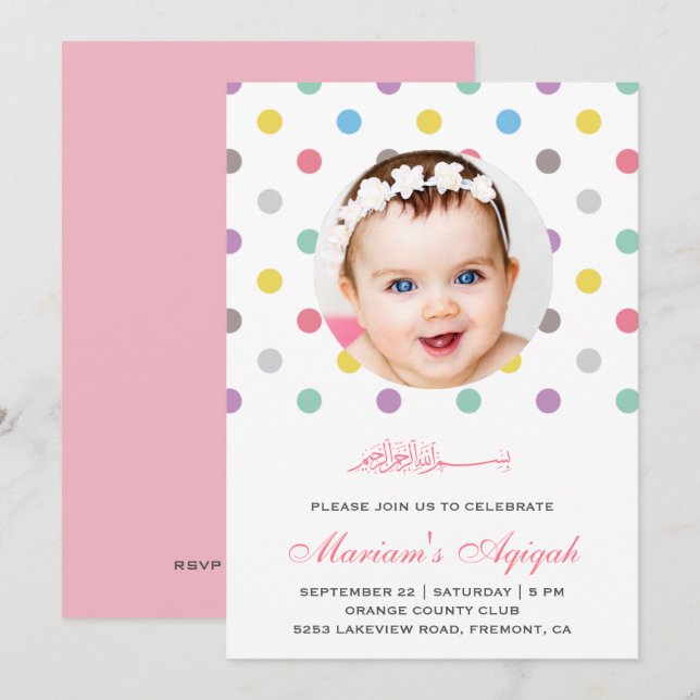 Invitation Pois colorés Baby Girl Photo Aqiqah (Devant / Derrière)