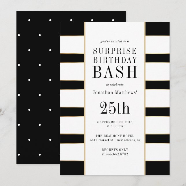 Invitation Pois contemporains & Stripes Surprise Party (Devant / Derrière)