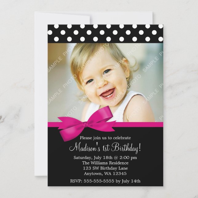 Invitation Pois de Bow rose 1er anniversaire photo de fille (Devant)