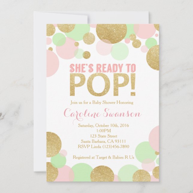 Invitation Pois de menthe d'or de rose d'invitation de baby (Devant)